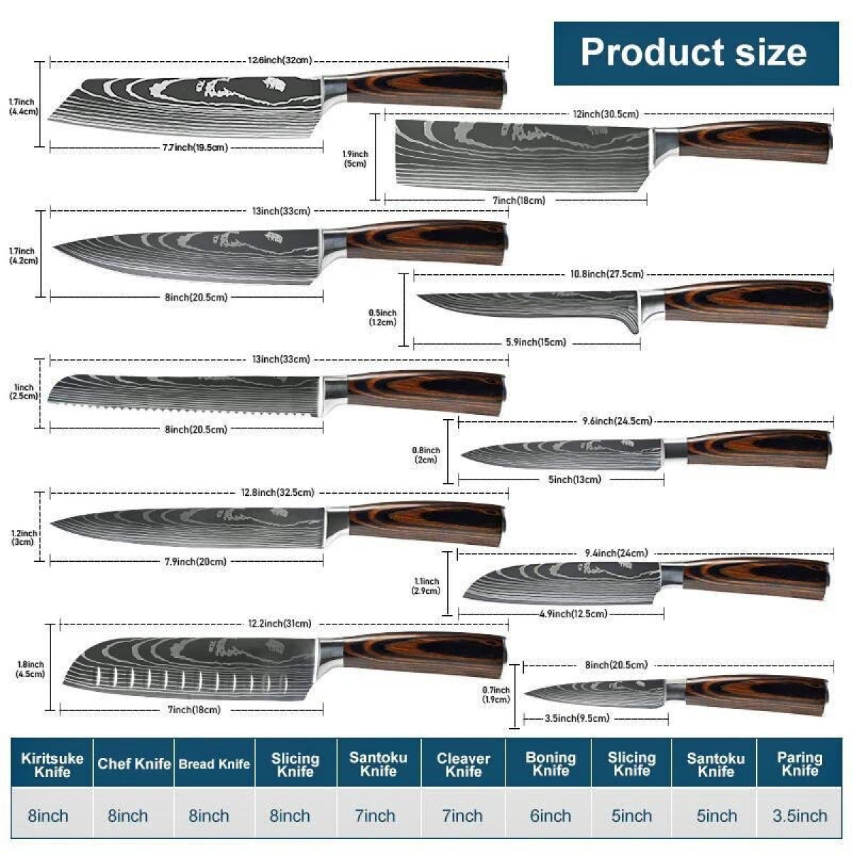 Pack of 10 kitchen knives